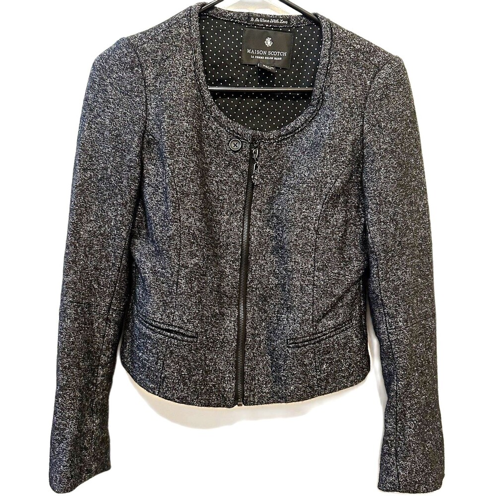 Maison Scotch P'tite Wool Blend Tweed Zip Jacket Cropped Polka Dot Lined